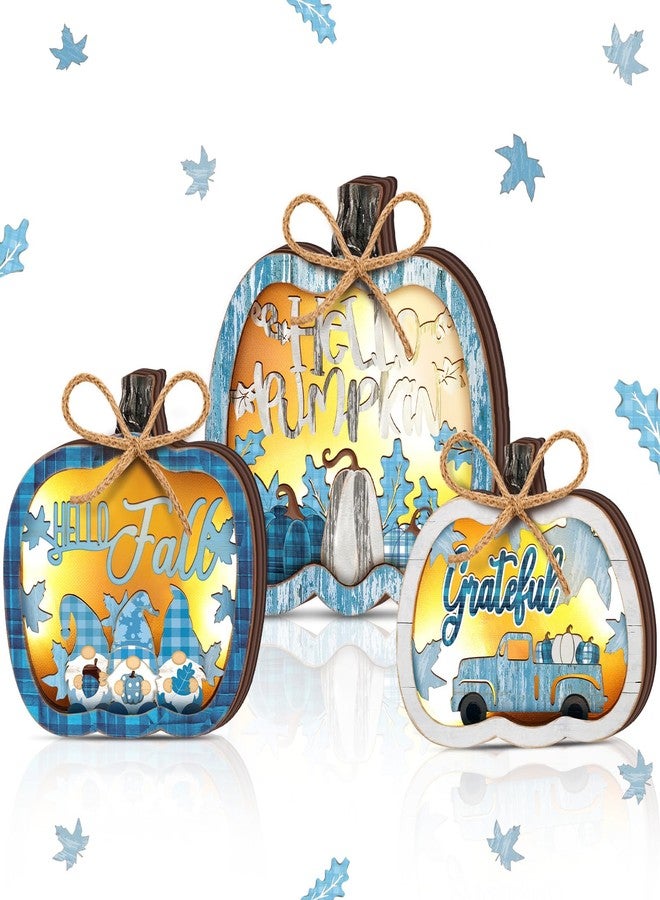 Tujoe 3 Pcs Thanksgiving Pumpkin Wooden Signs Light up Blue Pumpkin Centerpiece Tabletop Decor Fall Decorations for Home Thanksgiving Lights Tiered Tray Decor for Kitchen Harvest Party Supplies - Image 1
